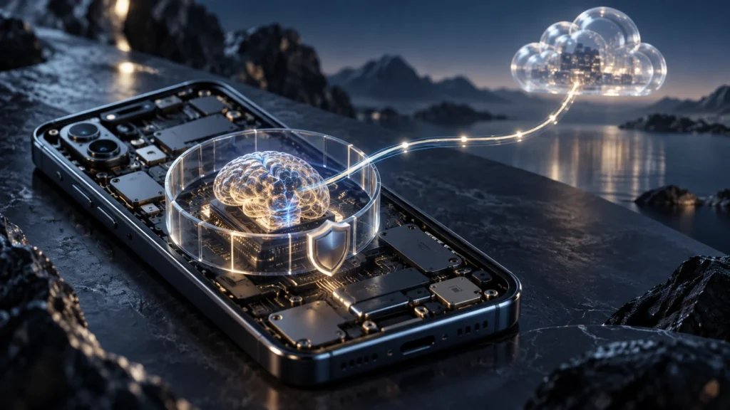 Telefonun içindeki yapay zekâ devresi ve uzak bulut arasındaki kontrollü veri yolu; kavramsal görsel.