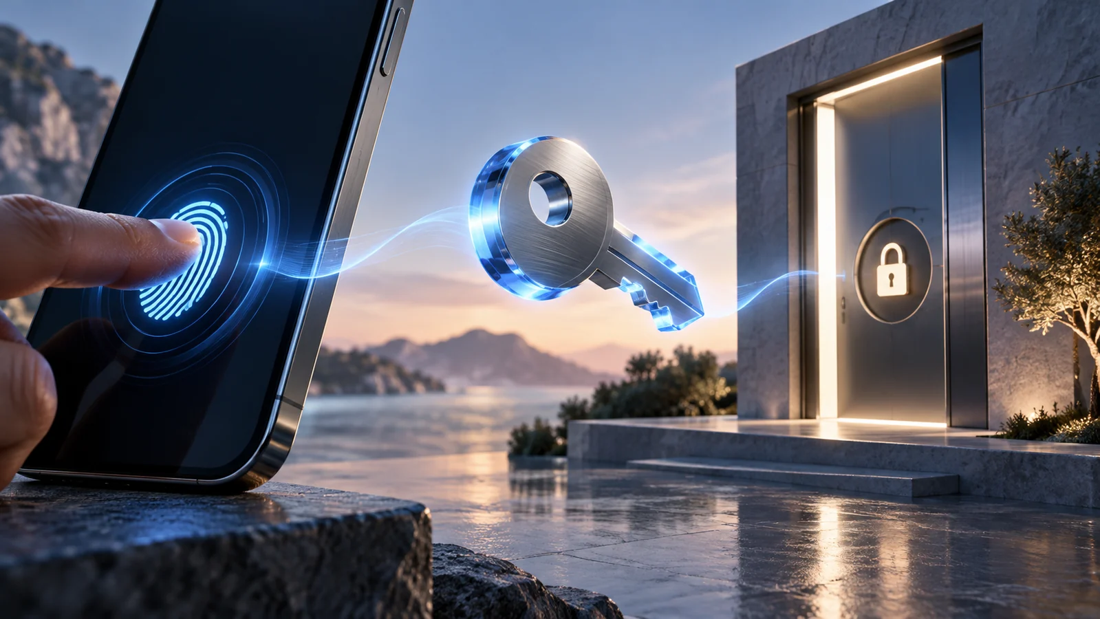 Telefon, geçiş anahtarı ve giriş kapısı arasında güvenli doğrulama ilişkisi; kavramsal görsel.