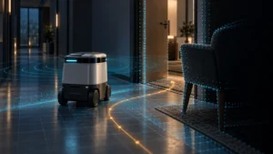 Koridorda kapıya yaklaşan küçük bir mobil robotun mesafe taraması, derinlik noktaları ve geçiş rotasını gösteren kavramsal illüstrasyon.