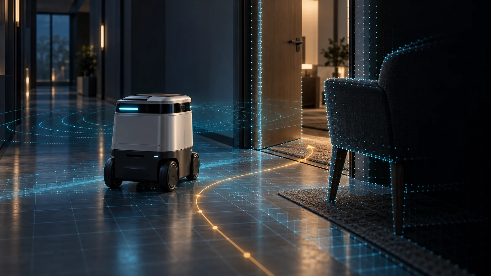 Koridorda kapıya yaklaşan küçük bir mobil robotun mesafe taraması, derinlik noktaları ve geçiş rotasını gösteren kavramsal illüstrasyon.