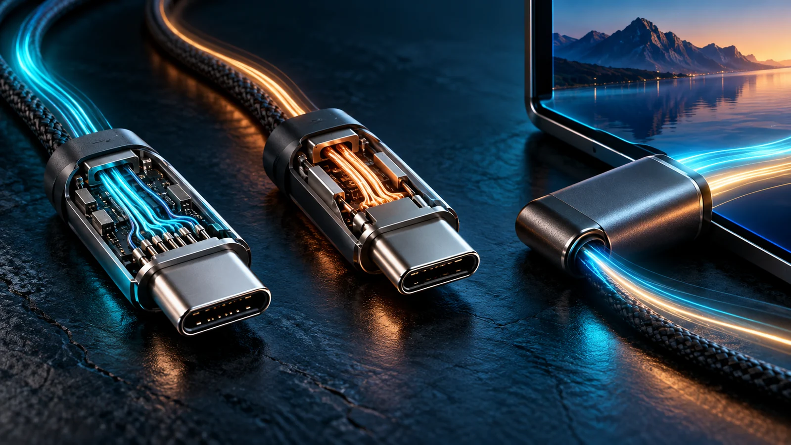 USB-C uçlarında veri, güç ve ekran bağlantısını temsil eden farklı ışık yolları; teknik devre şeması olmayan kavramsal görsel.